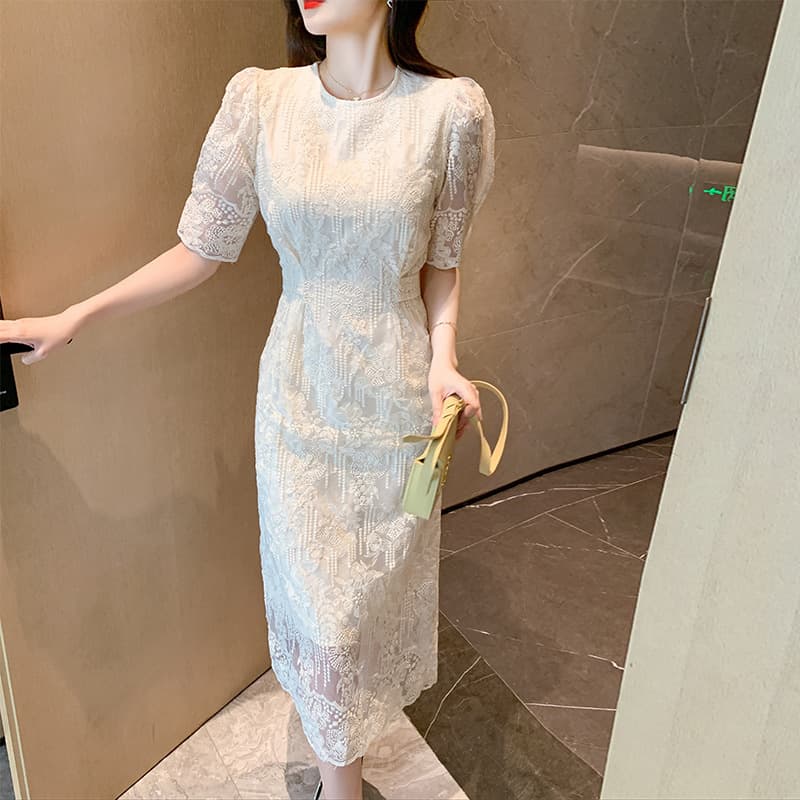 レース ワンピース エレガント 総レース ロングワンピース パフスリーブ ミモレ丈