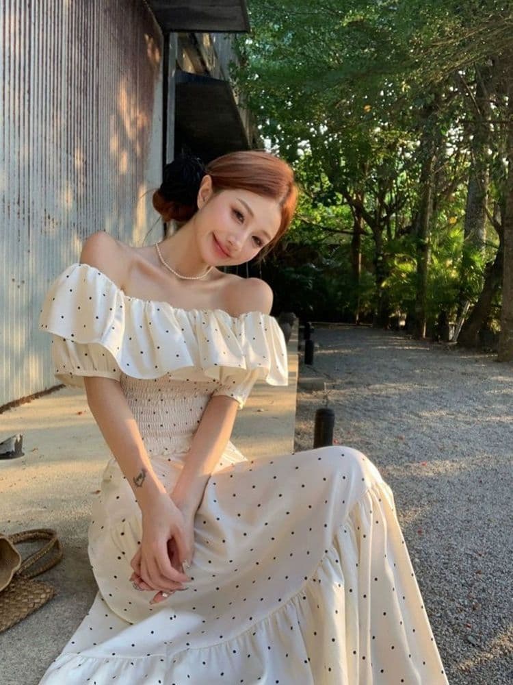 レース ワンピース 水玉フリル オフショルダー ロングワンピース