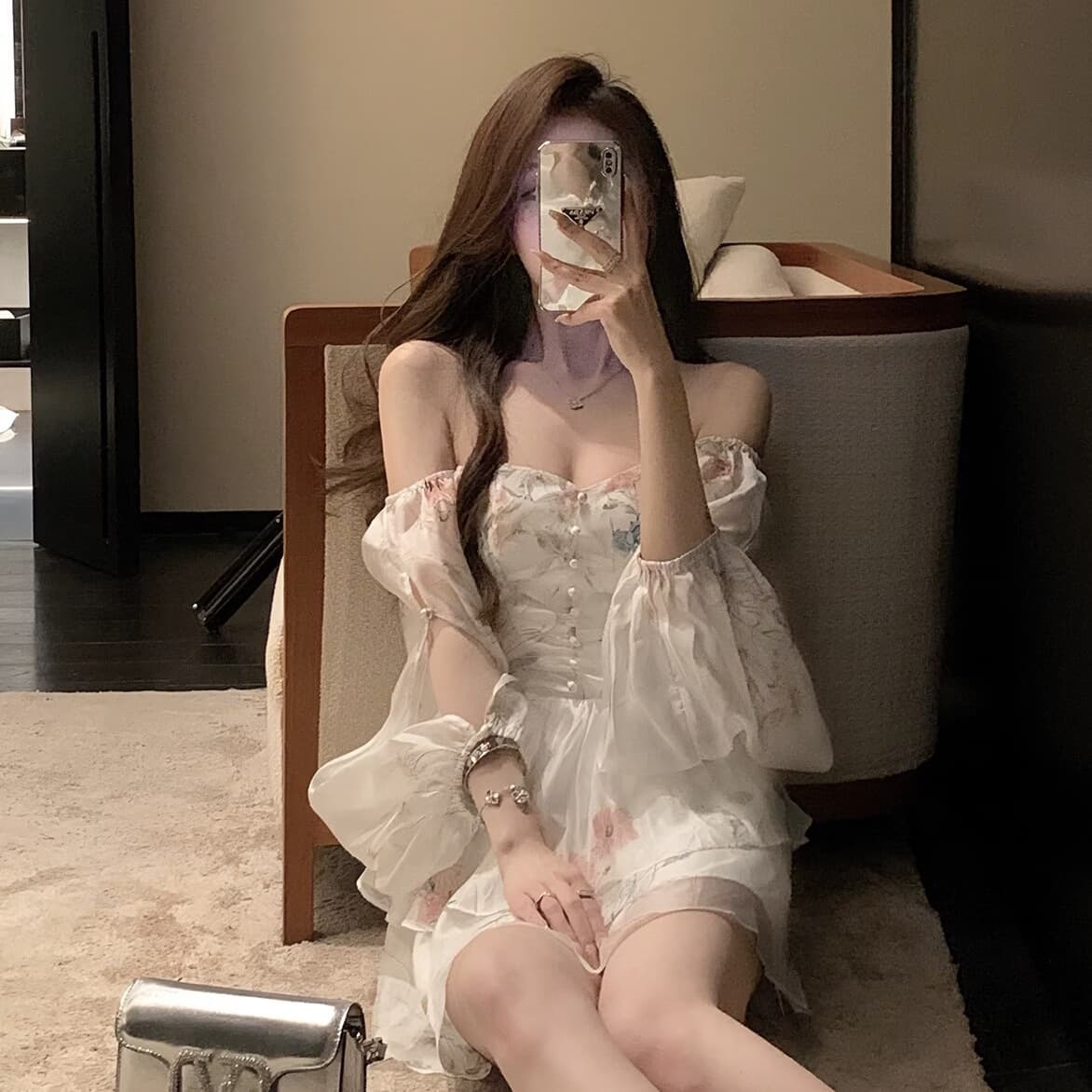 レース ワンピース 花柄シアー袖 ミニ丈レースワンピース