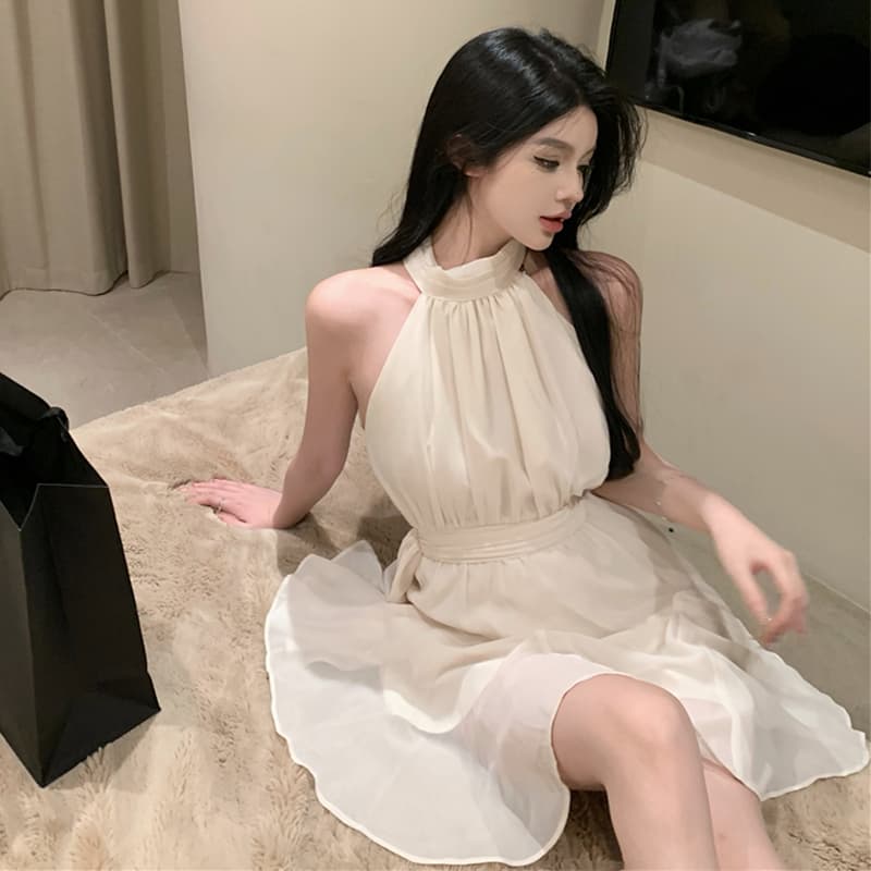 レース ワンピース 優美ホルターネック シフォンワンピース