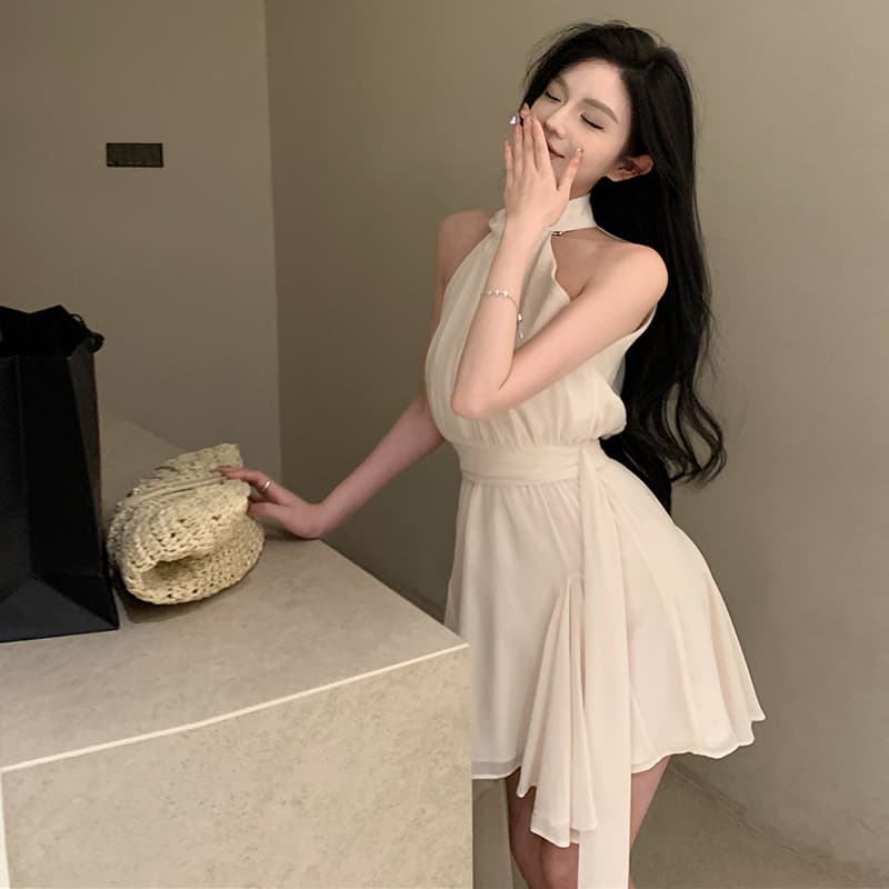 レース ワンピース 優美ホルターネック シフォンワンピース