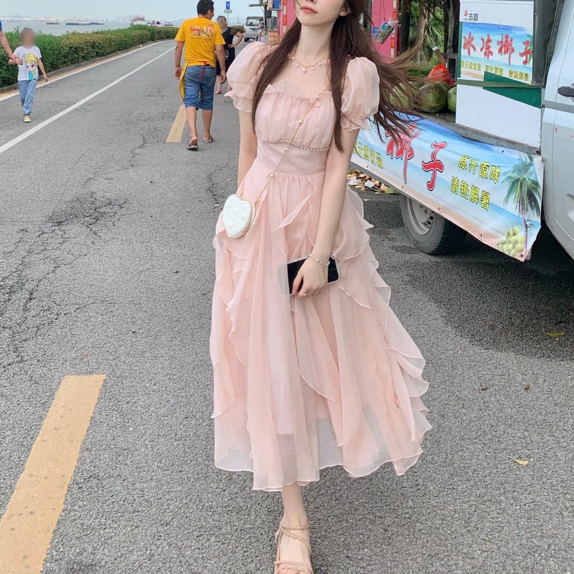 レース ワンピース シフォン重ね パフスリーブ ロングワンピース