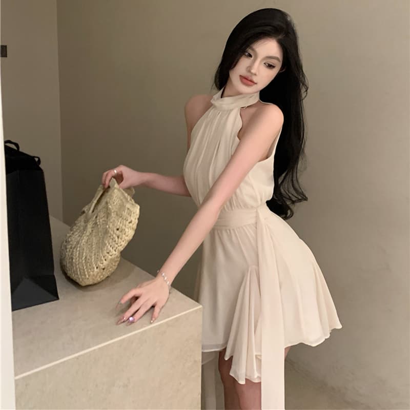 レース ワンピース 優美ホルターネック シフォンワンピース