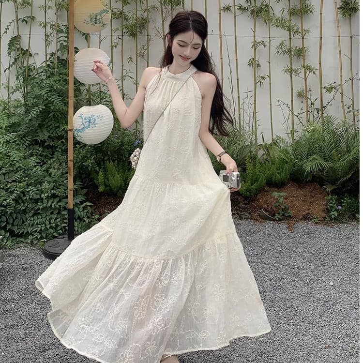 レース ワンピース 優美花刺繍ホルターネックレースワンピース