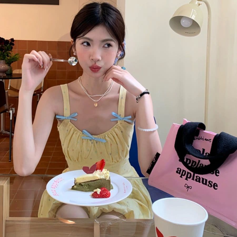 レース ワンピース リボン飾り ふんわりキャミワンピース
