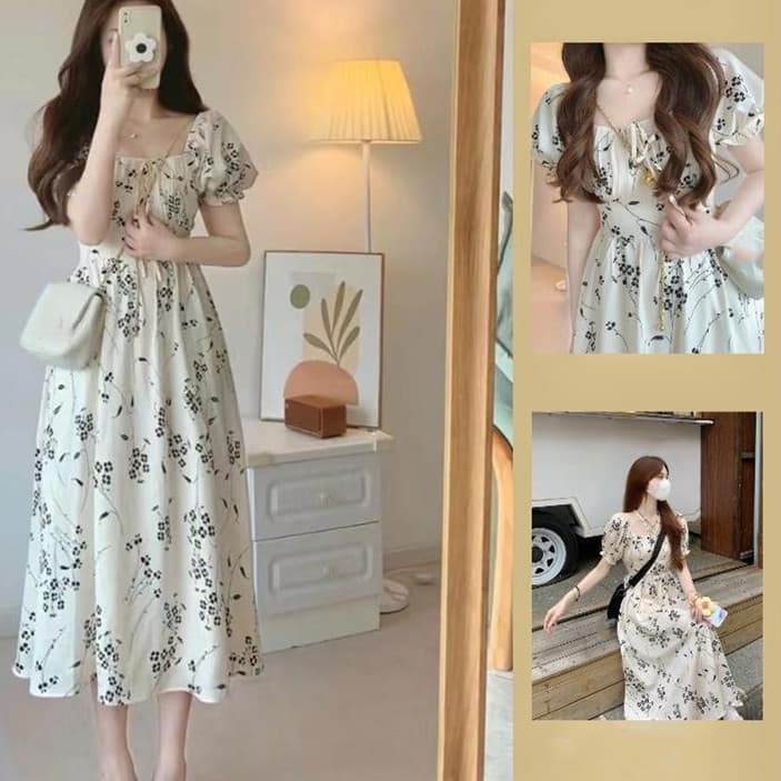 レース ワンピース 花柄シフォン パフスリーブ ロングワンピース