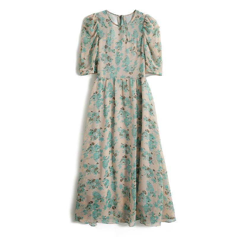 レース ワンピース 花柄シフォン ロングワンピース 半袖 きれいめ 体型カバー