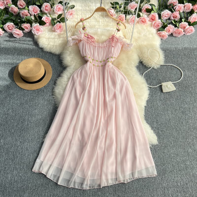 レース ワンピース フリルレース ロングワンピース リゾート向け 肩魅せ 夏服