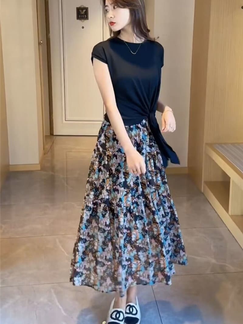 レース ワンピース 花柄シフォン切替えロングワンピース