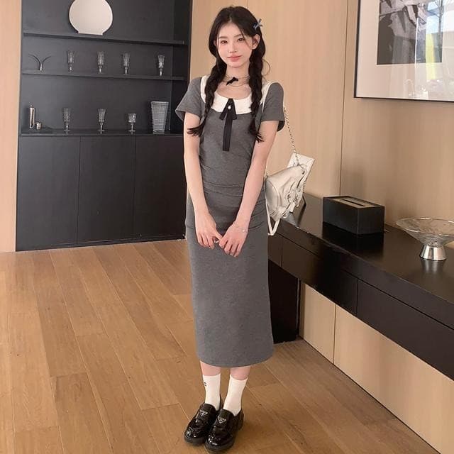 レース ワンピース リボン襟付きレースワンピース