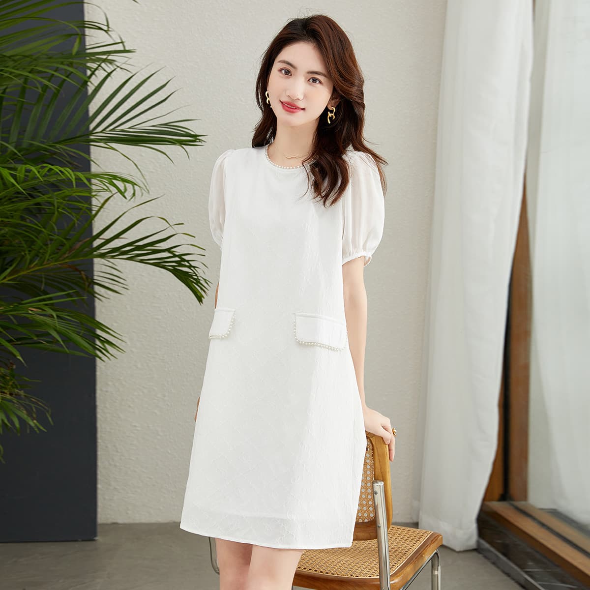 レース ワンピース 優美パール装飾パフスリーブワンピース