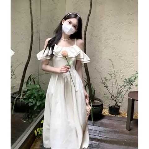 レース ワンピース 優美なフリルオフショルダーロングワンピース