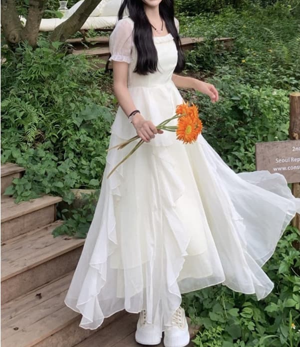 レース ワンピース エアリー シフォン ロングワンピース 春夏 ドレープ 長袖