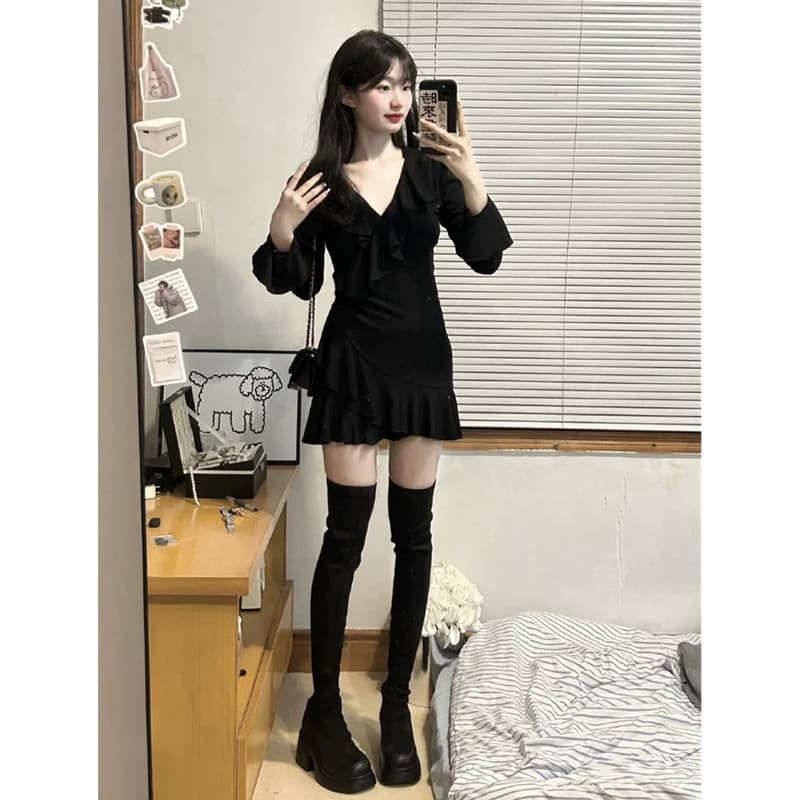 レース ワンピース 優美フリルデザイン 長袖ワンピース