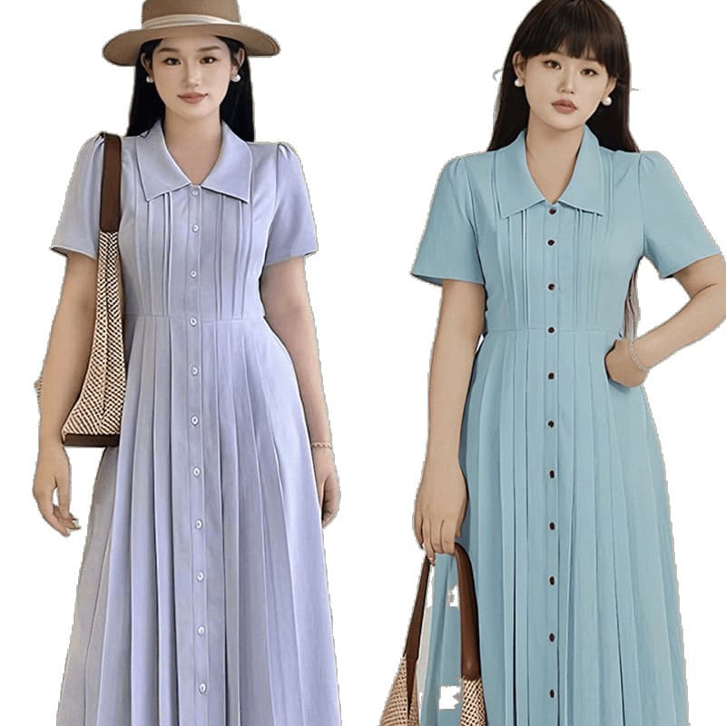 レース ワンピース 上品プリーツ襟付きロングワンピース