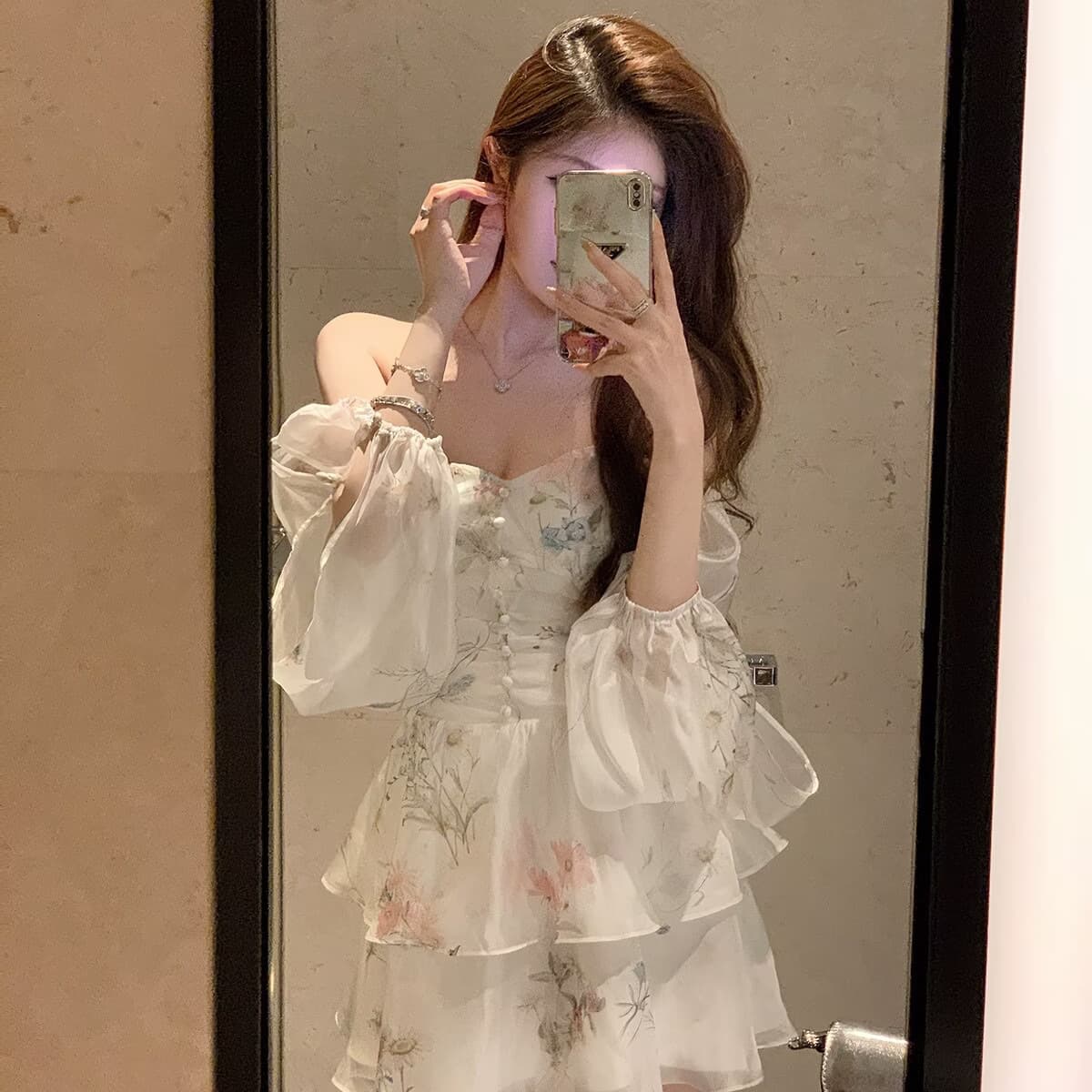 レース ワンピース 花柄シアー袖 ミニ丈レースワンピース