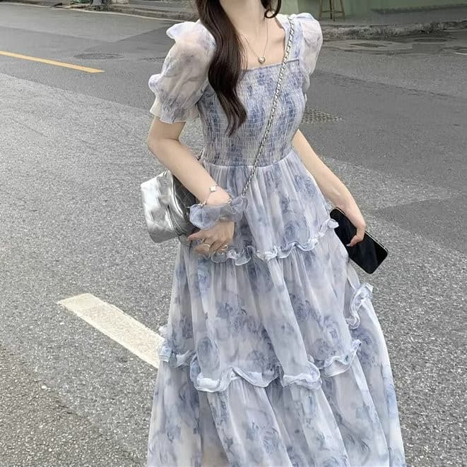 レース ワンピース 夏新作 スクエアネック レース ロングワンピース 大人可愛い ティアードフリル