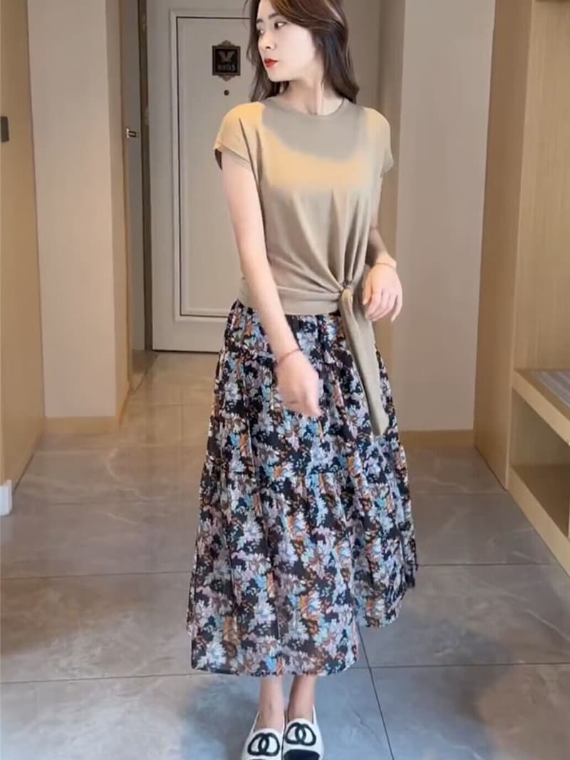 レース ワンピース 花柄シフォン切替えロングワンピース