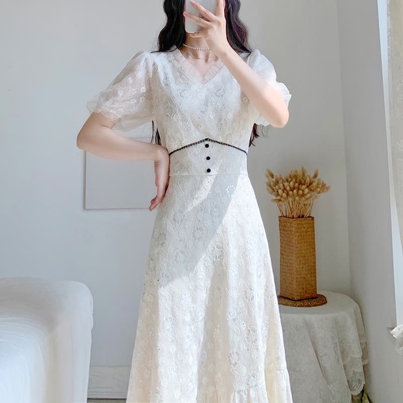 レース ワンピース 花柄レース パフスリーブ ロングワンピース