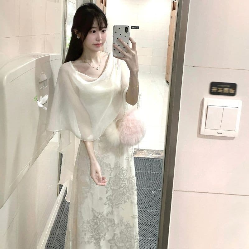 レース ワンピース 優美なケープデザイン レースロングワンピース