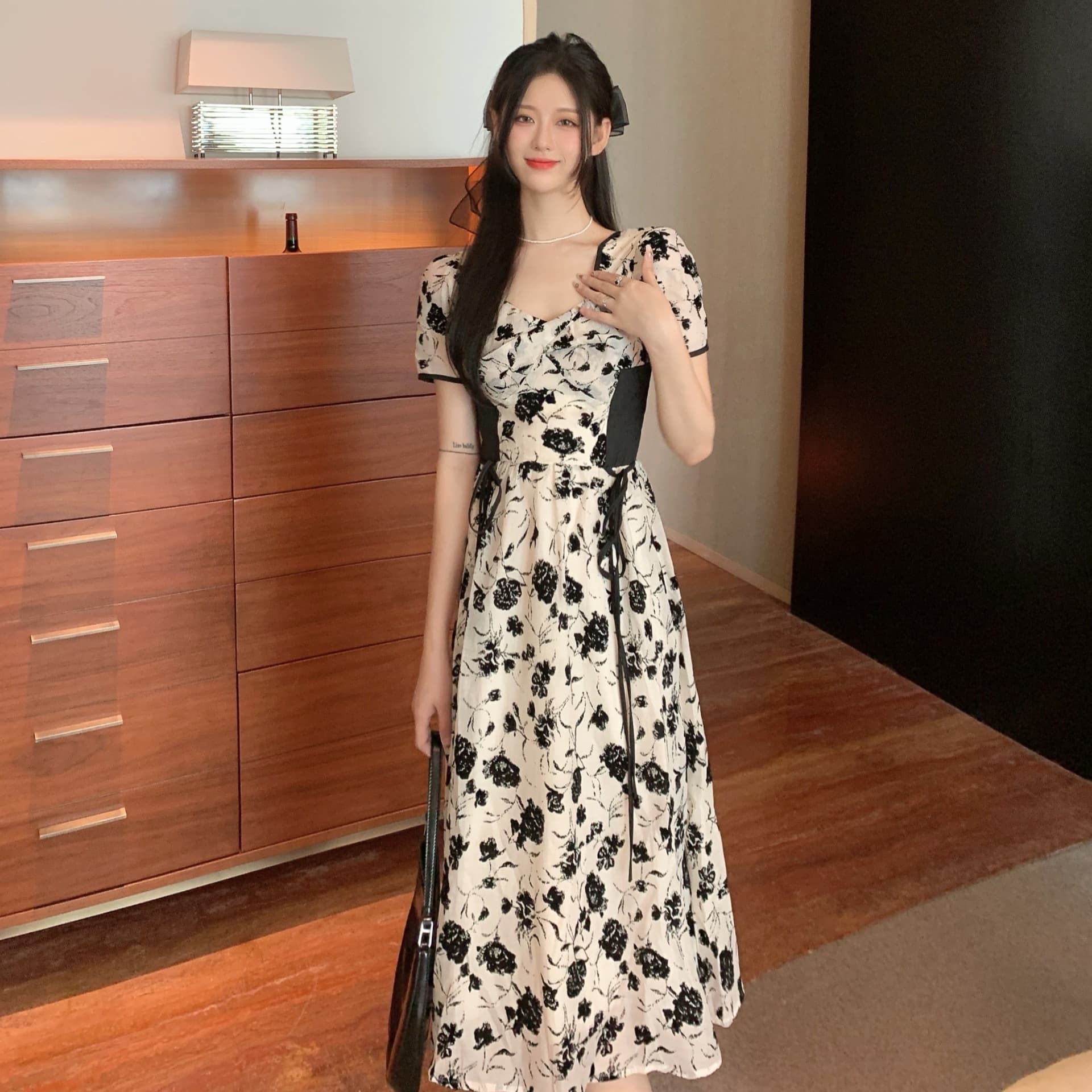 レース ワンピース 花柄サイドリボン レース ロングドレス