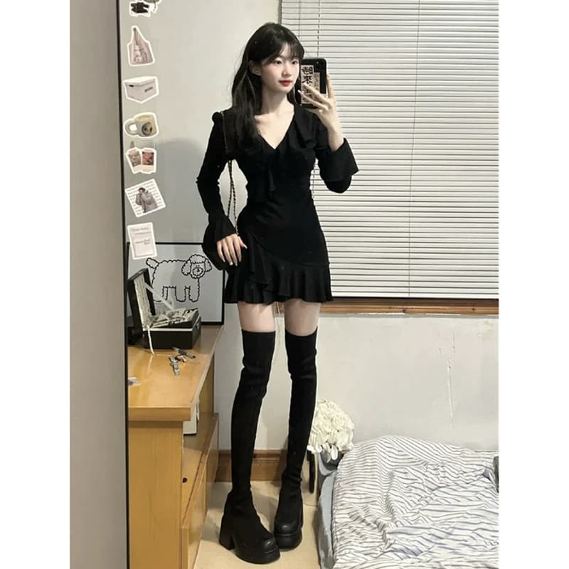 レース ワンピース 優美フリルデザイン 長袖ワンピース