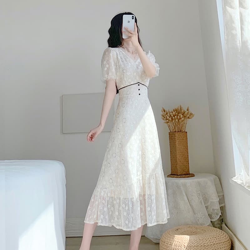 レース ワンピース 花柄レース パフスリーブ ロングワンピース