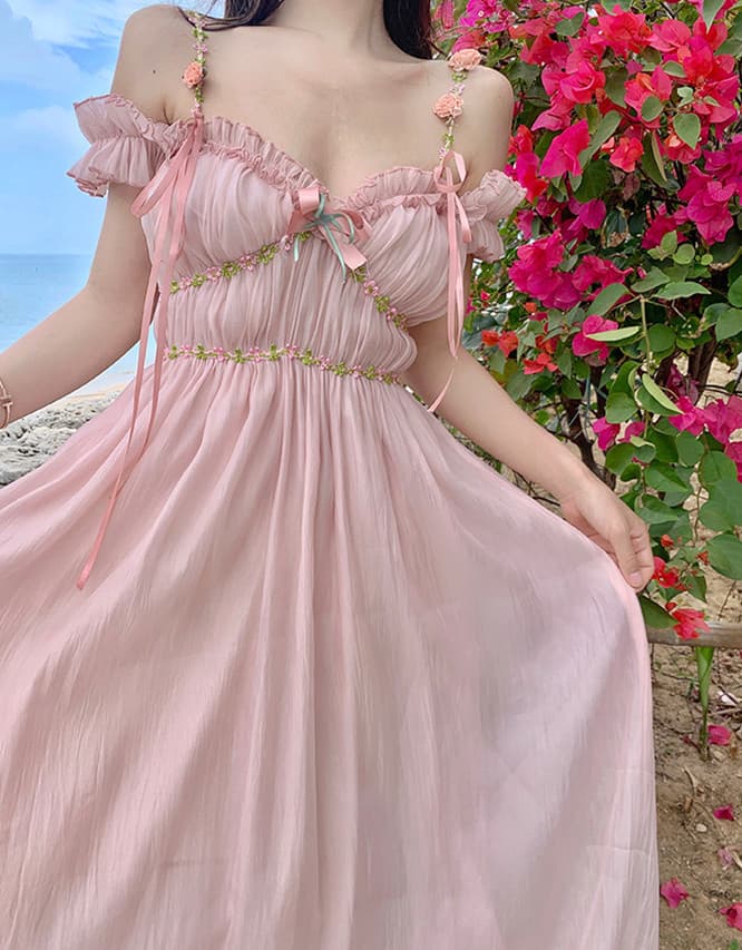 レース ワンピース フリルレース ロングワンピース リゾート向け 肩魅せ 夏服