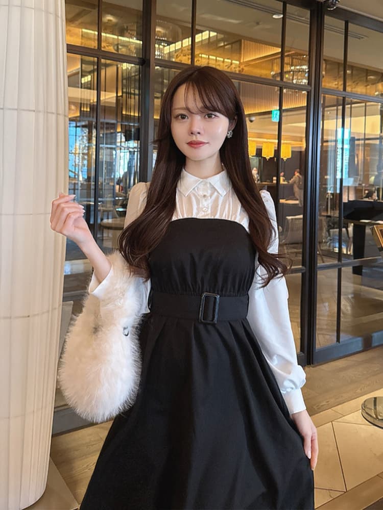 レース ワンピース シャツ襟付きレイヤードロングワンピース