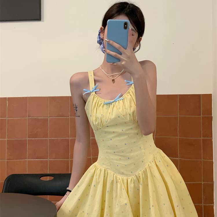 レース ワンピース リボン飾り ふんわりキャミワンピース