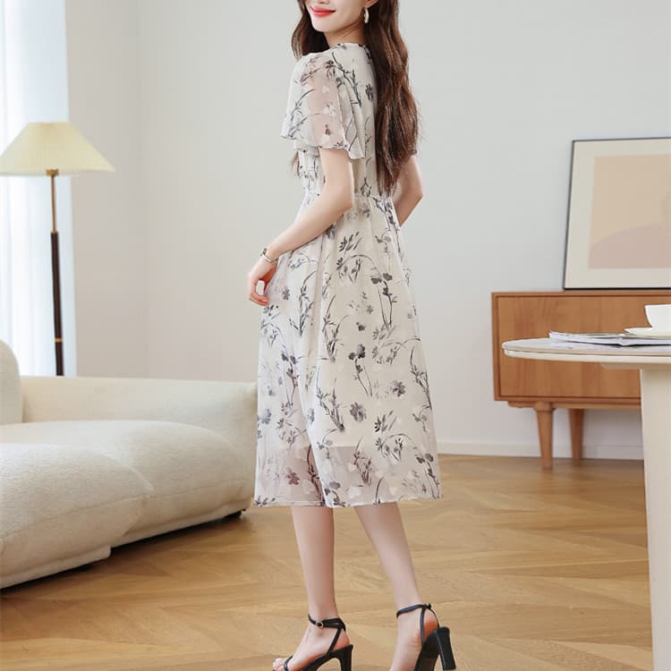 レース ワンピース 花柄シフォン ロングワンピース 膝下丈 夏 体型カバー レディース