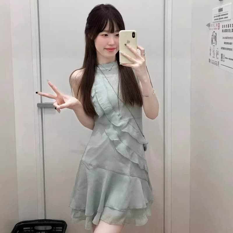 レース ワンピース フリルレイヤード ノースリーブワンピース