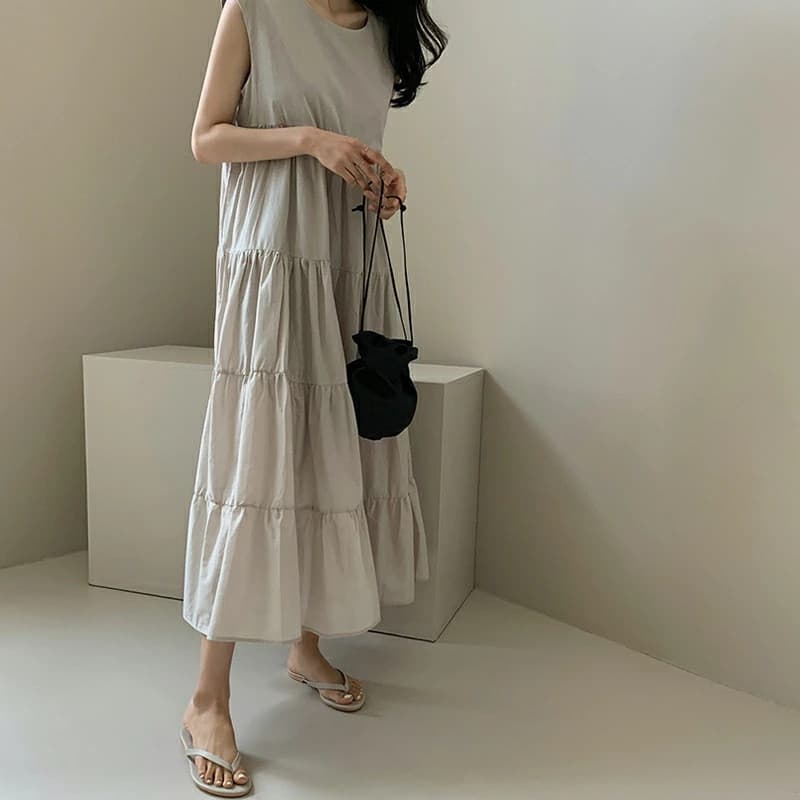 レース ワンピース ティアードロングワンピース マキシ丈 ノースリーブ