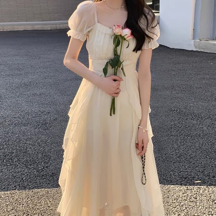 レース ワンピース シフォン重ね パフスリーブ ロングワンピース