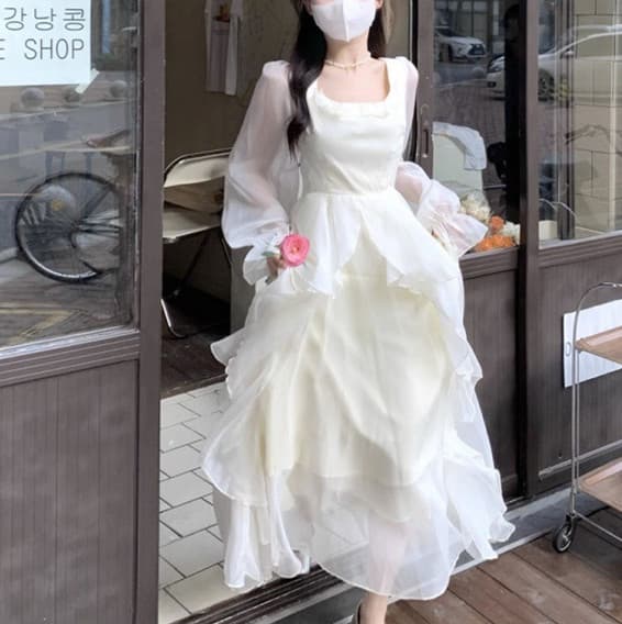 レース ワンピース エアリー シフォン ロングワンピース 春夏 ドレープ 長袖