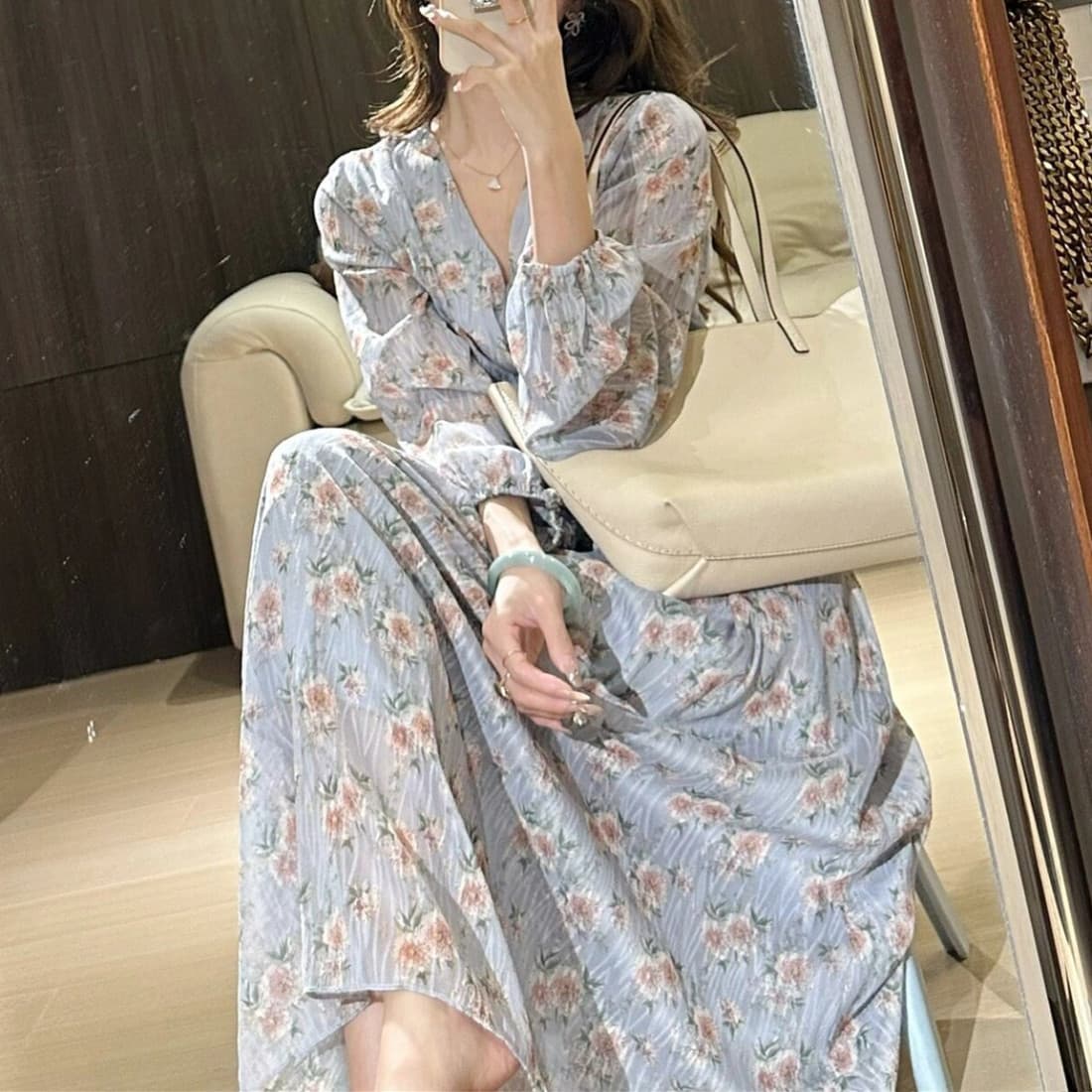 レース ワンピース 花柄シフォン ロングワンピース Vネック パフスリーブ 体型カバー