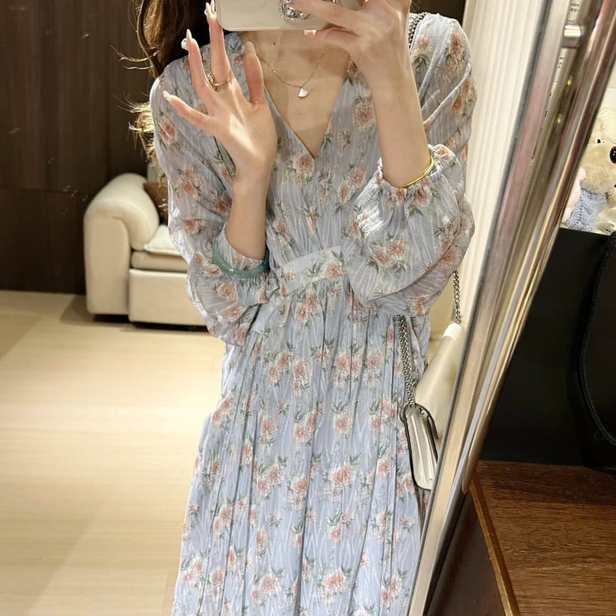 レース ワンピース 花柄シフォン ロングワンピース Vネック パフスリーブ 体型カバー
