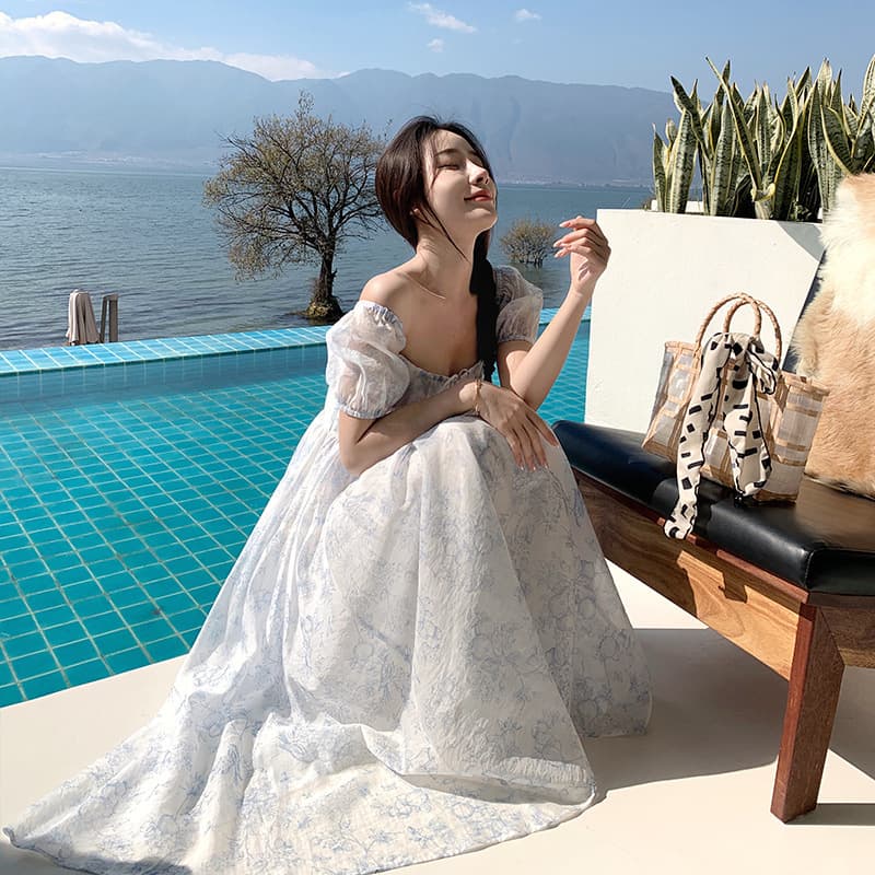 レース ワンピース 花柄シースルー ロングワンピース スクエアネック 体型カバー