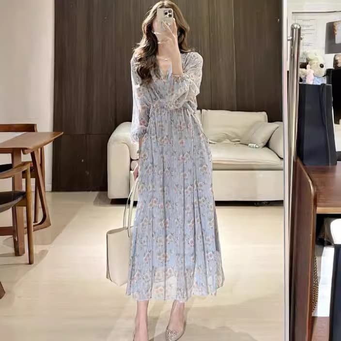 レース ワンピース 花柄シフォン ロングワンピース Vネック パフスリーブ 体型カバー